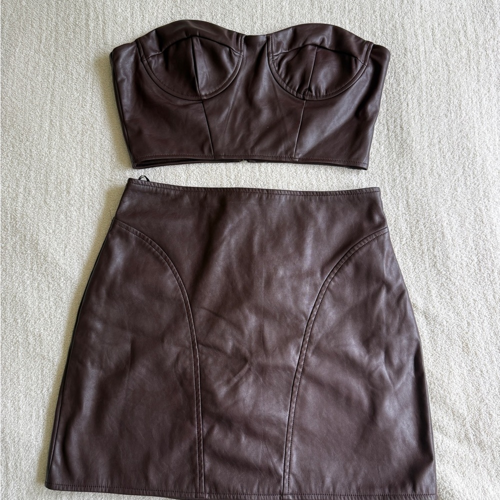 Brown Faux Leather Skirt Set